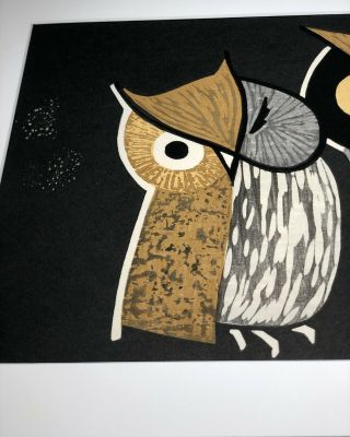Vintage Japanese Kaoru Kawano Woodblock Print of 2 Owls - Three Eyes 2