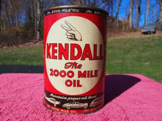 Vintage 1940s Kendall 2000 Mile Motor Oil Old 1 Qt.  Tin Can Bradford Pa Full