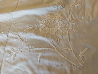Antique Chinese Silk Bedspread Large Cream Ivory Hand Embroidered Floral