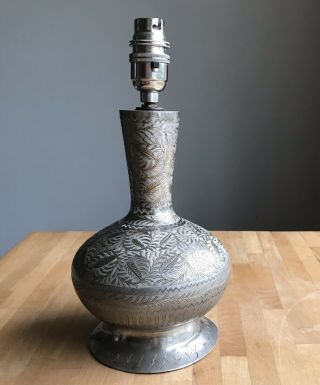 Antique Anglo Indian Kashmiri Silver Plated Table Lamp Engraved Etched Metal
