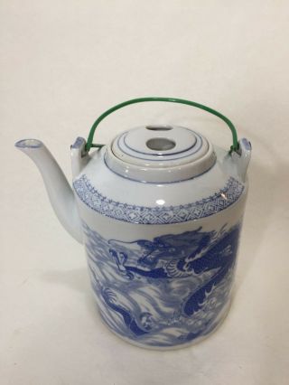 Chinese Large Blue & White Porcelain Teapot with Dragon,  7 1/2 