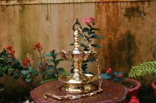 Antique Hanging Oil Wick Lamp Brass Thooku Vilakku Golden Color Puja Home Decor