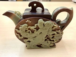 Chinese Stone Tea Pot Carved Goddess