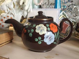 Vintage Brown Betty 4 Cup Teapot England Hand Painted Flowers 0107