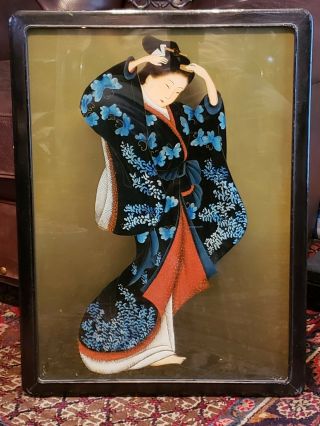 Chinese Export Reverse Painted Glass Painting Lovely Courtesan In Kimono Qing