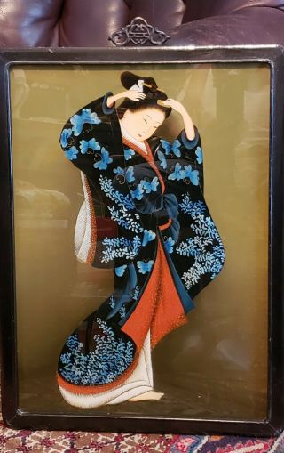 Chinese Export Reverse Painted Glass Painting Lovely Courtesan In Kimono Qing 3