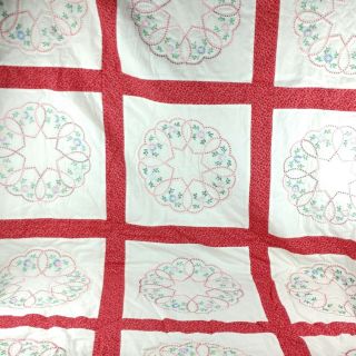 Vintage Hand Made Cross Stitch Block Hearts Flowers Quilt White Red 43 X 60