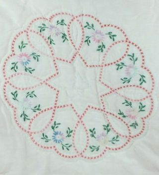 Vintage Hand Made Cross Stitch Block Hearts Flowers Quilt White Red 43 x 60 2