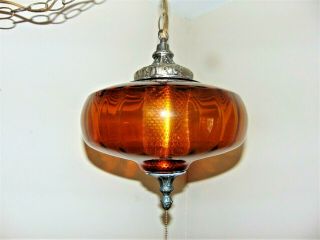 Vintage Mid Century Hanging Swag Amber Glass Globe Ufo Lamp - Hollywood Regency