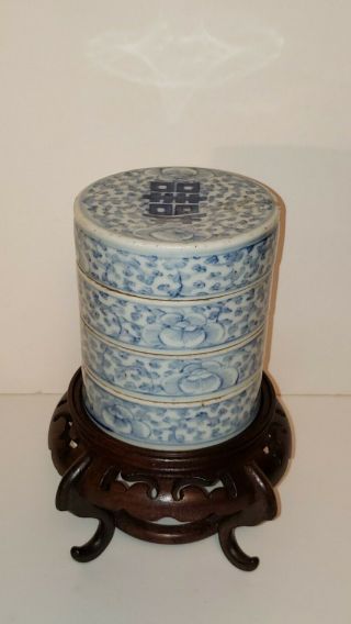 Antique Chinese Underglaze B & W Porcelain Double Happiness Cylinder Stand