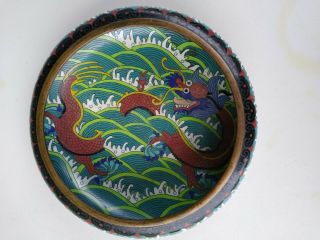 Antique Chinese Imperial 5 Clawed Dragon In The Sea Design Cloisonne Bowl Signed