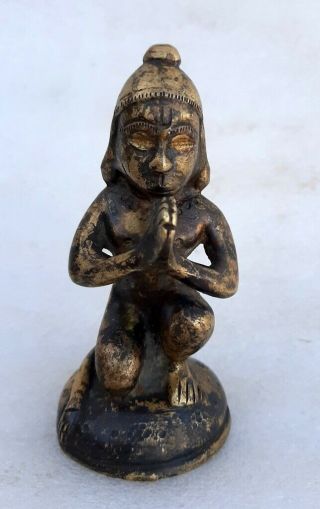 Old Rare Antique Brass Hand Carved Worship Holy Hindu God Hanuman Figure Statue