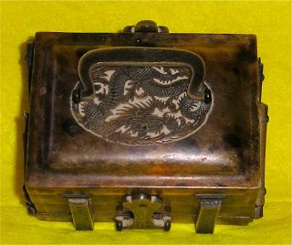 18th/19th Cent Chinese Hand Carved Horn & Tortoiseshell Faux Small Jewelry Box
