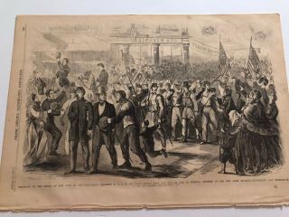 1861 Leslie’s Antique Civil War Print Parade Of The 69th York Regiment 4520