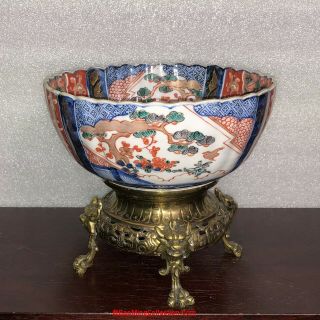 Antique Japanese Meiji Era Lion Masks Bronze Mounted Imari Porcelain Center Bowl