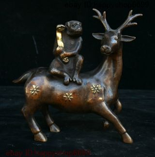 Collect Ancient Chinese Dynasty Bronze Gilt Animal Sika Deer Monkey Ru Yi Statue