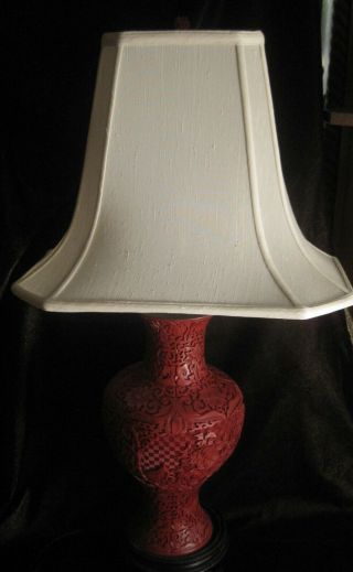 Large Vintage Chinese Carved Red Cinnabar Table Lamp Shade Not