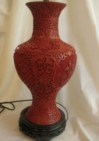 LARGE Vintage Chinese CARVED RED CINNABAR TABLE LAMP Shade NOT 2