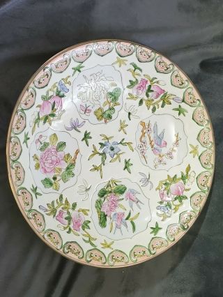 Large Antique Chinese Qianlong Porcelain Bowl Dish Polychrome Birds Flowers 14in