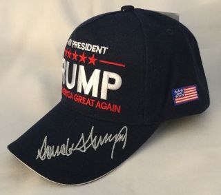 Trump Maga Blue Cap Hat Make America Great Again Usa Flag President Signed