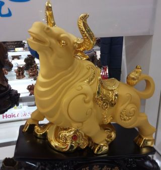 Golden Bull Sculpture made with Glass Fiber w/Pedestal size aprox 20inx20inx8in 2