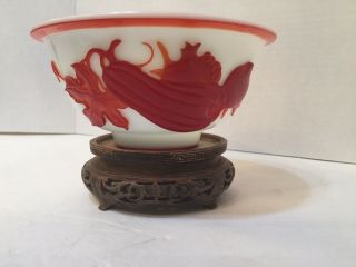 Old Chinese Peking Glass Bowl.  Red On White & Old Stand 6 1/2” Wide