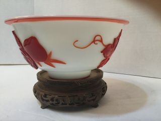 Old Chinese Peking Glass Bowl.  Red On White & Old Stand 6 1/2” Wide 2