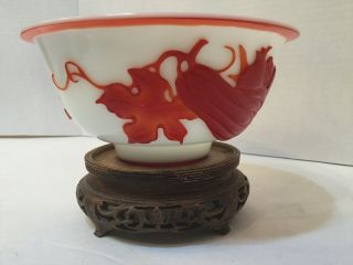 Old Chinese Peking Glass Bowl.  Red On White & Old Stand 6 1/2” Wide 3