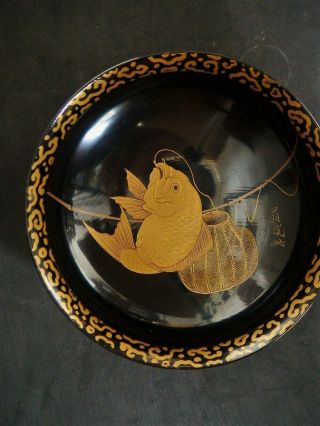 Japanese Antique Lacquerware Wooden Bowl Hand Painted Makie Gold Koi Carp Fish