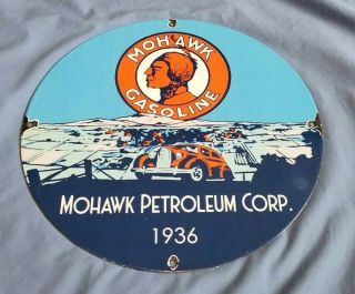 Vintage Mohawk Gasoline Porcelain Service Station American Motor Oil Pump Sign