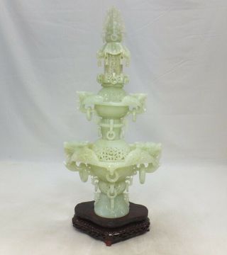 D956: Chinese Tall Incense Burner Of Green Stone With Fantastic Carving Work