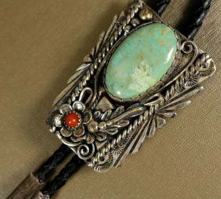 1980s Old Pawn Vintage Navajo Turquoise & Coral Handmade Sterling Bolo Tie