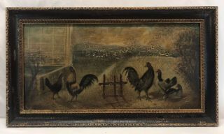 Antique Vintage Folk Art Oil Painting On Wood Roosters Hens Chickens Later Frame