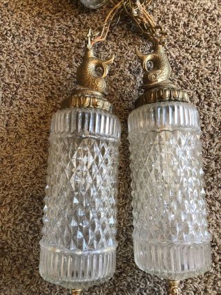 Vintage Mid Century Glass Hanging Light Fixture Double Pendant Swag Lamps.  Fish