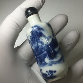 Antique Chinese Blue & White Porcelain Snuff Bottle Hand Painted Figure 19th C.