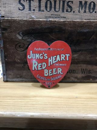 Jungs Red Heart Beer Porcelain Sign Vintage Patina Advertising Gas Oil Soda