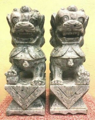 Pair Chinese Marble 12 " Foo Dog Figures Statue Sculpture Feng Shui Oriental Luck