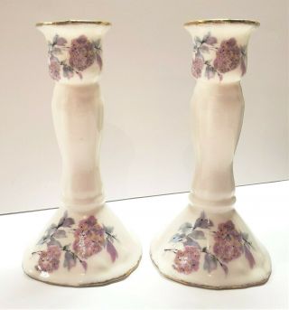 Set Of 2 Vintage Fine Bone China Pink/lavender Hydrangeas Candlestick Holders