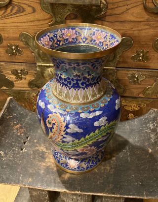 15” Big Vintage Chinese Cloisonne Vase W/ Dragon And Phoenix