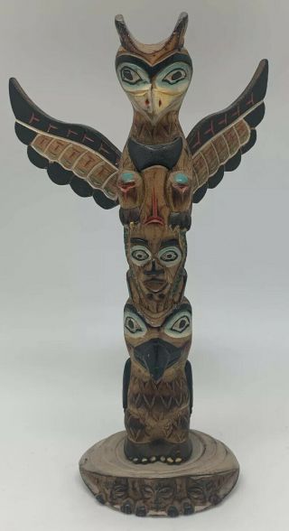 Vintage Alaska Indian Multiple Figure Carved Wood Totem By Patrick Moore 9”