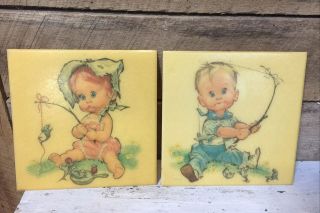 Vintage Decorative Celluloid Wall Plaque Tile By Pete Hawley 1962 Set Of 2