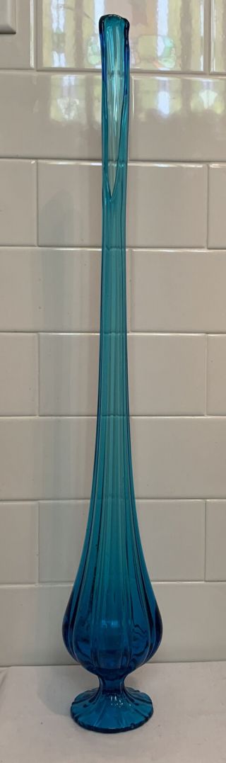 Vintage Antique Mcm Le Smith Viking Glass Blue Stretch / Swung Floor Vase 1960s