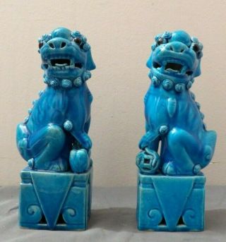 Vintage Pair Foo Dogs Turquoise Glaze 8.  5 " Chinese Porcelain Lions Chinoiserie