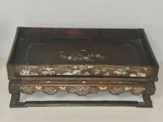 Antique Chinese Carved Wooden Mother Of Pearl Scholars Writing Desk Opium Tray