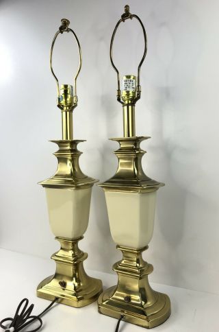 Stiffel Brass Bronze Cream Porcelain 28” Table Lamps Pair 2 Vintage
