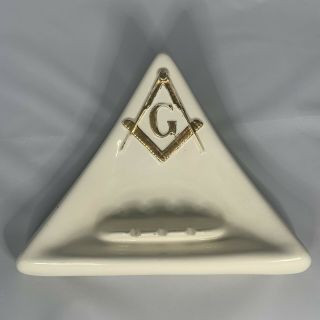 Vintage Freemason Masonic Ashtray White Gold Ceramic Atlantic Mold