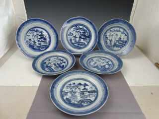 6 Antique Early 19th C.  Chinese Export Porcelain Blue And White Canton Plates