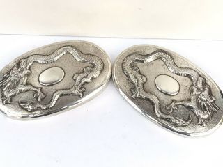 Antique Chinese Export Silver Dragon Box Lids Or Brush Tops,  Wang Hing C.  1910’s