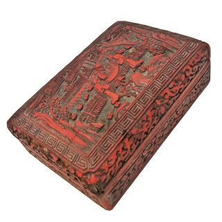 Antique 1600 - 1800’s Hand Carved Chinese Red Cinnabar Lacquer Wooden Box Old