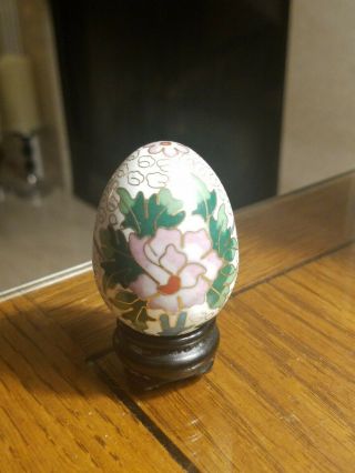 Vtg Cloisonne Egg With Wood Stand 2 " Egg Floral Design